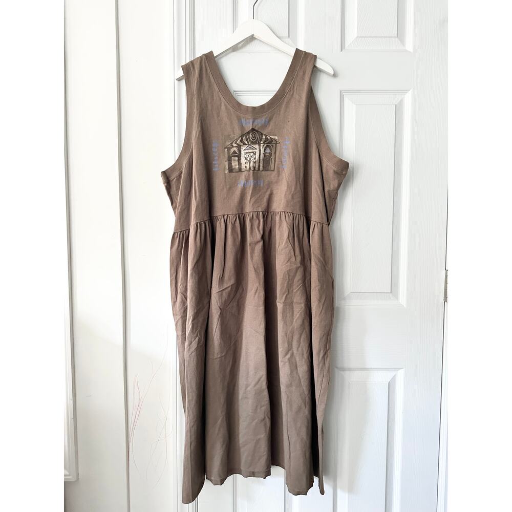 Blue Fish Organic Cotton Tan House Midi Cinch Tie Waist Swing Dress OS Lagenlook